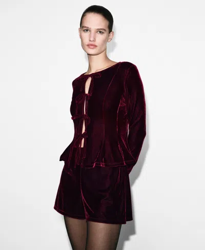 Mango Women's Bows Velvet Blouse In Burgundy