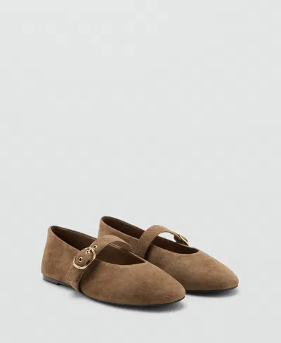 Mango Leather Ballerina With Strap And Buckle Sand In Brown
