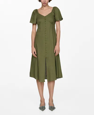 Mango Robe Lin Boutons In Kaki