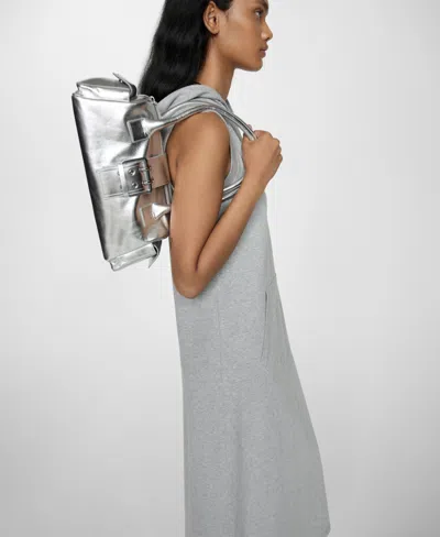 Mango Women's Cargo Pockets Detail Leather Shoulder Bag In Silver