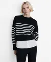Mango Mixed Media Layered Crewneck Sweater In Black