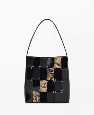 Mango Women's Combined Patchwork Leather Bag In Black