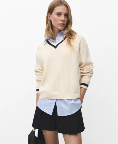 Mango Mixed Media Layered Look V-neck Sweater In Neutral