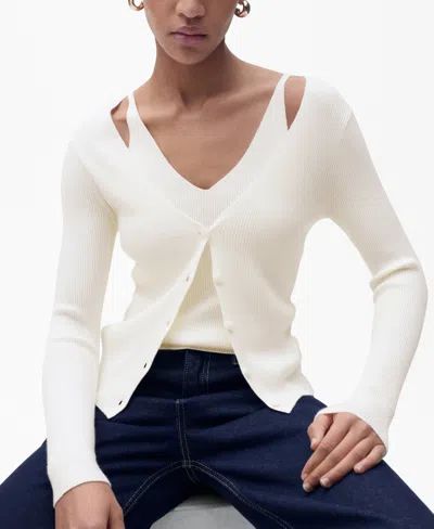 Mango Women's Combined V-neck Knitted Cardigan Sweater In Ecru