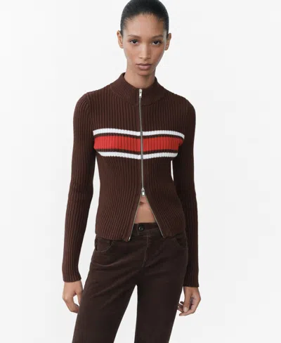 Mango Contrast Panel Ribbed Cardigan Brown