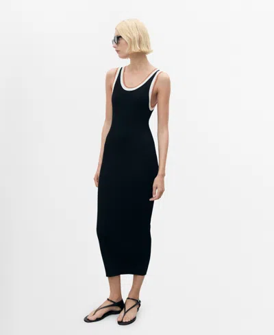 Mango Compact Knit Midi Dress With Contrast Tipping In Black