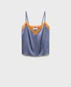 Mango Silk Top With Contrasting Lace Ink Blue In Blue