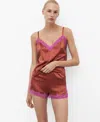 Mango Silk Top With Contrasting Lace Brown In Brown