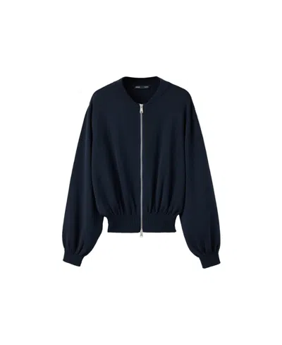 Mango Women's Crewneck Full-zip Ribbed Cardigan In Navy