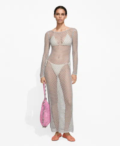 Mango Women's Crochet Foil Dress In Silver