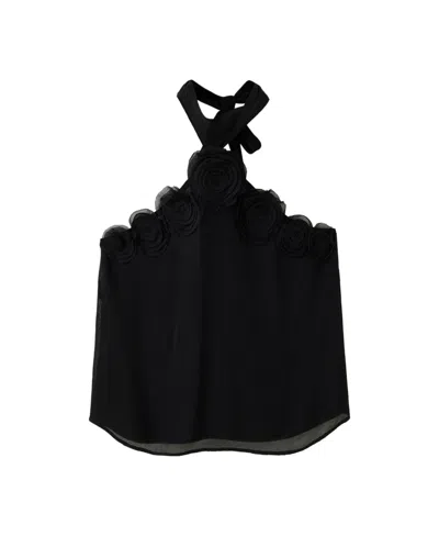Mango Rosette Chiffon Halter Top In Black