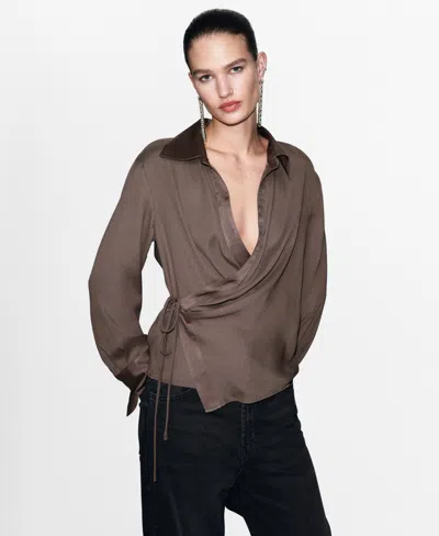 Mango Women's Cross-over Satin Blouse In Brown