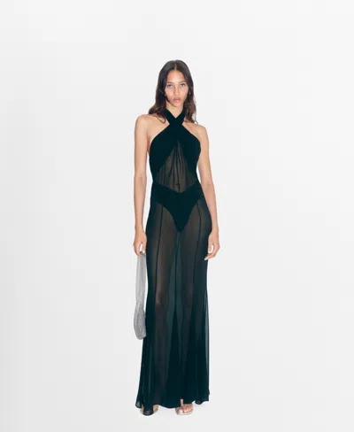 MANGO WOMEN'S CROSSED NECKLINE LONG SEMI-TRANSPARENT DRESS