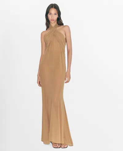 MANGO WOMEN'S CROSSED NECKLINE LONG SEMI-TRANSPARENT DRESS