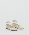 Mango Women's Crossed Straps Leather Ballet Flats In White