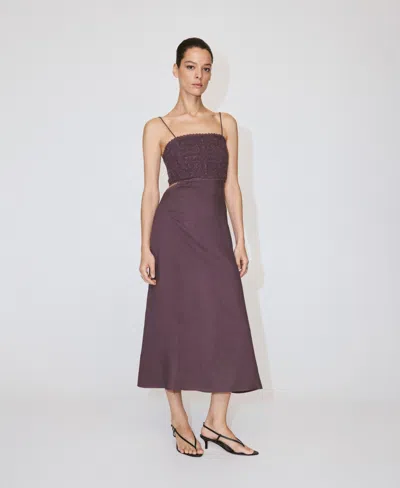 Mango Embroidered Beaded Linen Blend Dress In Brown