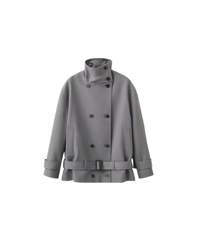 Mango Belted Funnel Neck Jacket In Gray