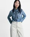 Mango Denim Tie Neck Button-up Shirt In Medium Blue