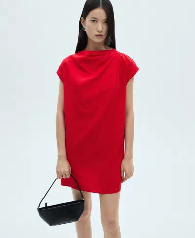 MANGO WOMEN'S DRAPED COLLAR LINEN DRESS