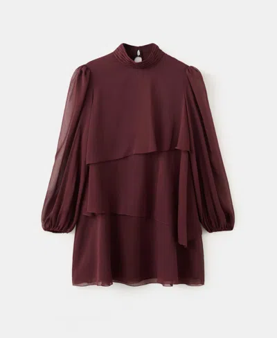 Mango Ruffle Dress With Draped Neckline Burgundy
