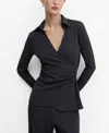 Mango Draped Detail Long Sleeve Top In Charcoal