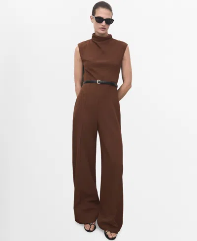 Mango Jumpsuit With Draped Neck And Belt Russet In Brown