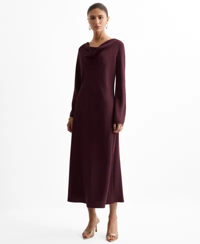 Mango Draped Neck Dress Maroon In Burgundy