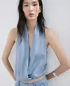 Mango Lyocell Top With Draped Neck In Blue