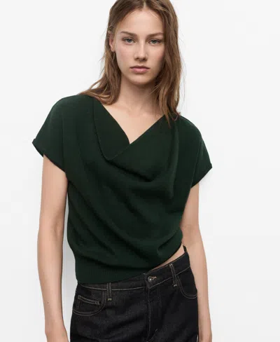 Mango Short-sleeved Top With Draped Neckline Dark Green