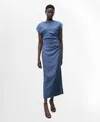 Mango Cap Sleeve Midi Dress With Ruched Side In Indigo Blue