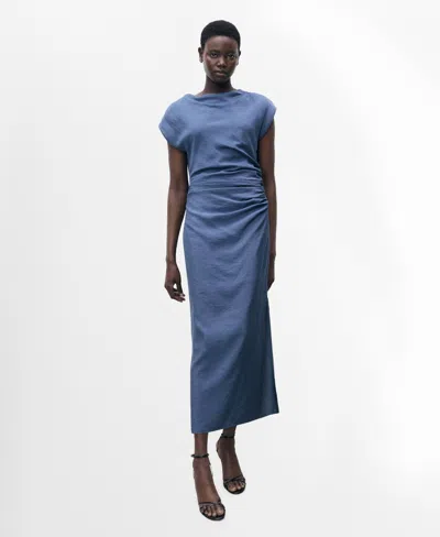 Mango Cap Sleeve Midi Dress With Ruched Side In Indigo Blue