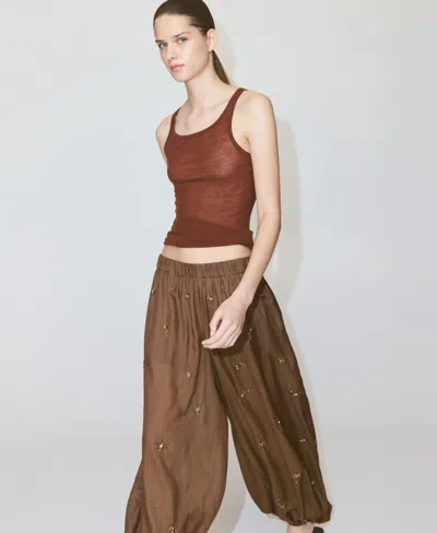 Mango Beaded Embroidered Balloon Pants In Brown
