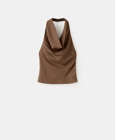 Mango Women's Embroidered Appliques Halter Top In Brown