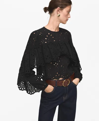 MANGO WOMEN'S EMBROIDERED EYELET RUFFLES BLOUSE