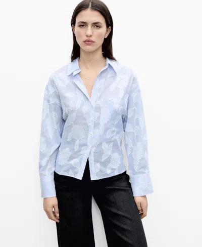 Mango Oversize Embroidered Floral Stripe Button-up Shirt In Sky Blue