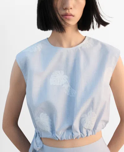 Mango Embroidered Striped Top Blue