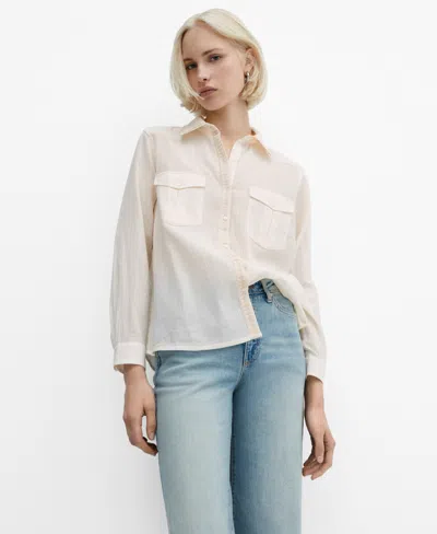 Mango Cotton Shirt With Embroidery Detail Off White In Blanc Cassé