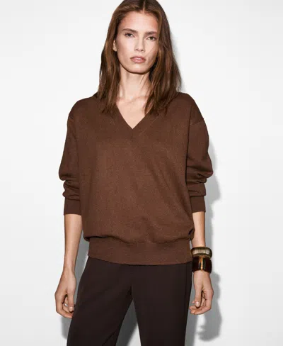 Mango Fine Knit V-neck Sweater In Brown