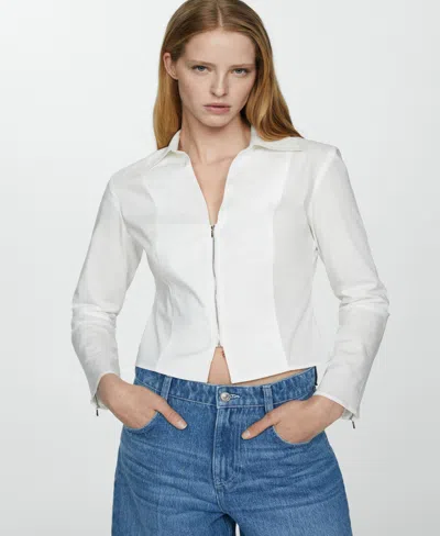 Mango Fitted Cotton Zipper Shirt Off White In Blanc Cassé
