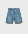 Mango Floral Embroidered High Waist Denim Bermuda Shorts In Blue