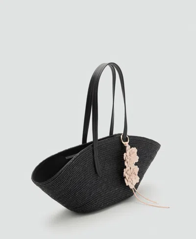 Mango Women's Flower Charm Natural Fiber Basket Bag In Black