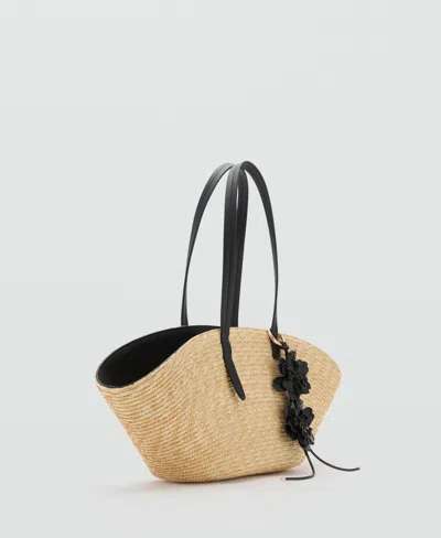Mango Women's Flower Charm Natural Fiber Basket Bag In Sand