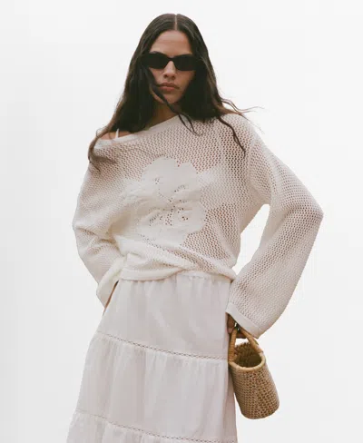 Mango Women's Flower Detail Openwork Knit Sweater In White