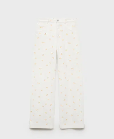 MANGO WOMEN'S FLOWER-EMBROIDERED WIDE LEG JEANS