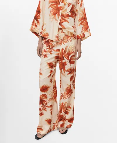 Mango Women's Flowy Palm Print Pants In White
