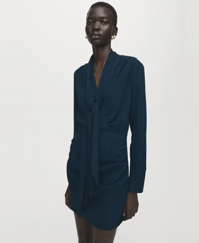 Mango Foulard Drape Long Sleeve Dress In Blue