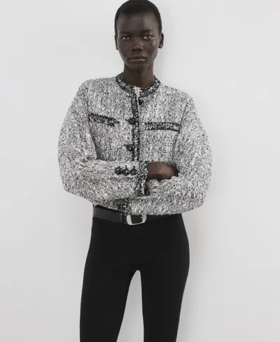 Mango Tweed Jacket With Frayed Ends Black