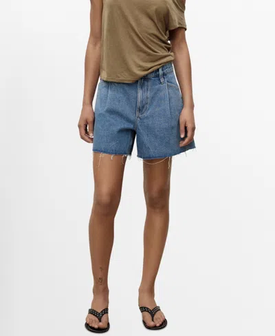 MANGO WOMEN'S FRAYED HEM AND PLEATS DENIM SHORTS