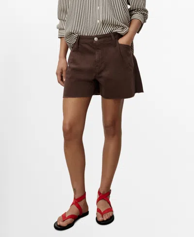 MANGO WOMEN'S FRAYED HEM AND PLEATS DENIM SHORTS