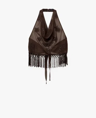 Mango Women's Fringed Halter Top In Brown